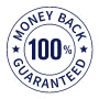 A logo with a white background featuring money back guranteed one hundred percent - John Blake